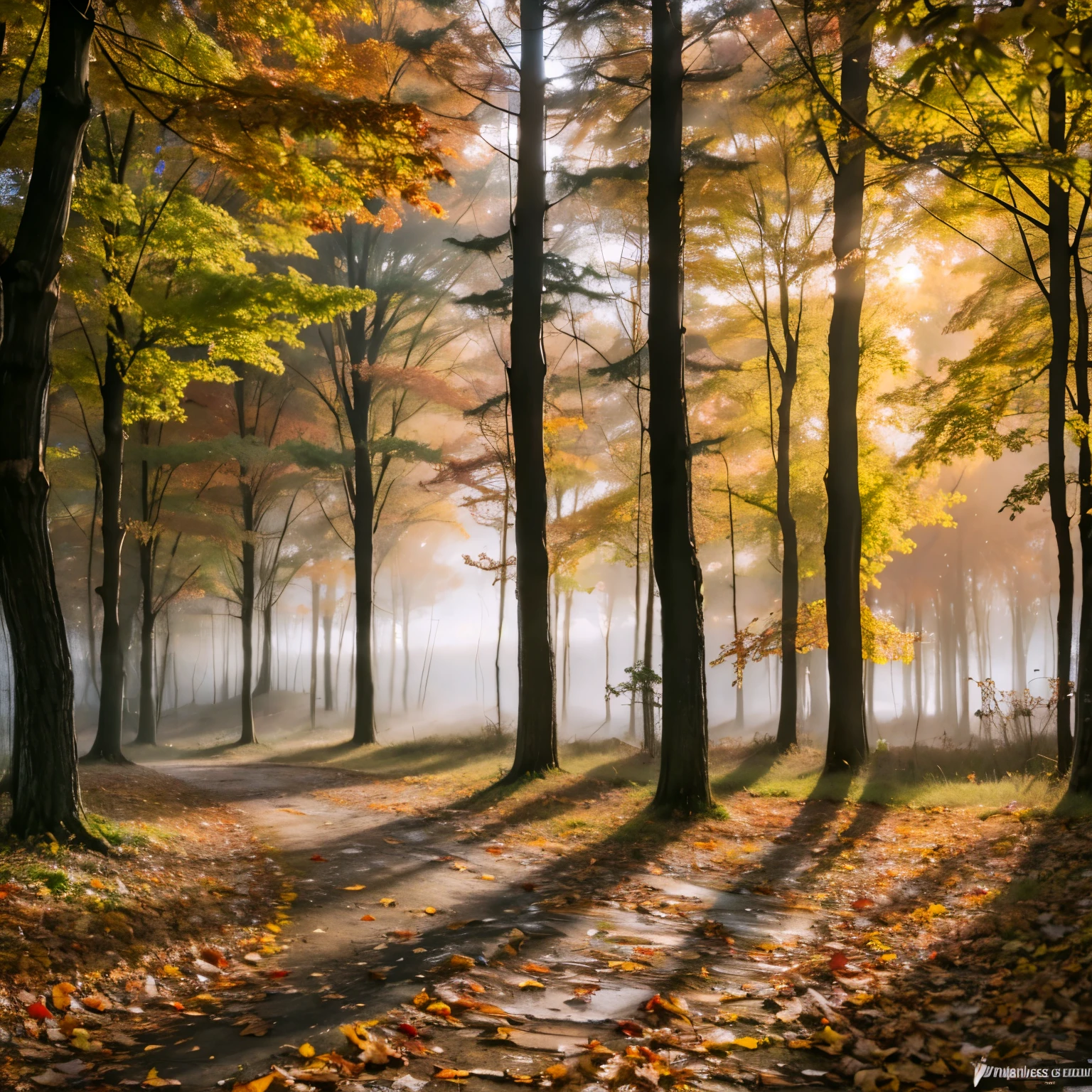 cloudy sky at autumn sunset in city, fallen leaves, forest landscape, fog, twilight, dramatic lighting, melancholic atmosphere, cinematic, digital art, vivid colors, highly detailed, masterpiec