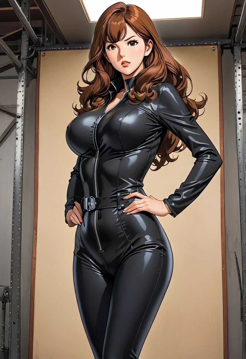 Fujiko, Brown Hair,  Brown Eyes , Long Hair, Large Breasts,  wide hips , Curvy,  clevis, Catsuit,Unzip , upper body,secret worker, Half-open eyes, Put your hands on your hips, , (Full body picture:1.5), ((standing posture)), Alone