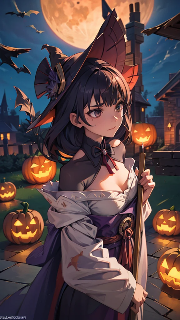 During the Halloween night ,  the almighty witches fly out on their brooms in the light of the full moon,  they wear pointed hats .  The villa is decorated with candles and pumpkins 