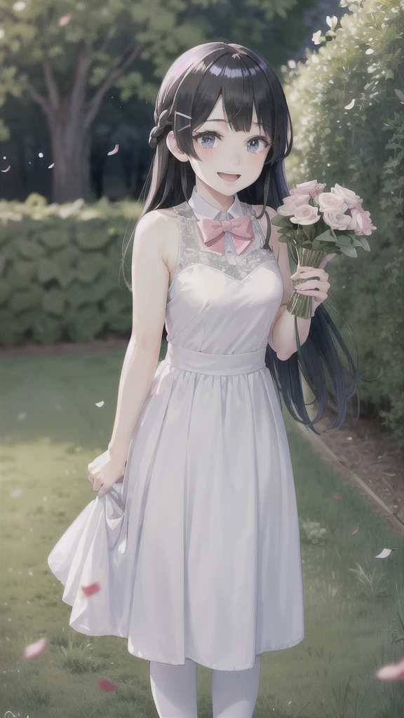 1girl, solo, tsukino mito, long hair, virtual youtuber, black hair, hairclip, hair ornament, bangs, braid, Blues Eyes, wedding dress, standing, garden, confetti, holding bouquet, smile, open mouth,