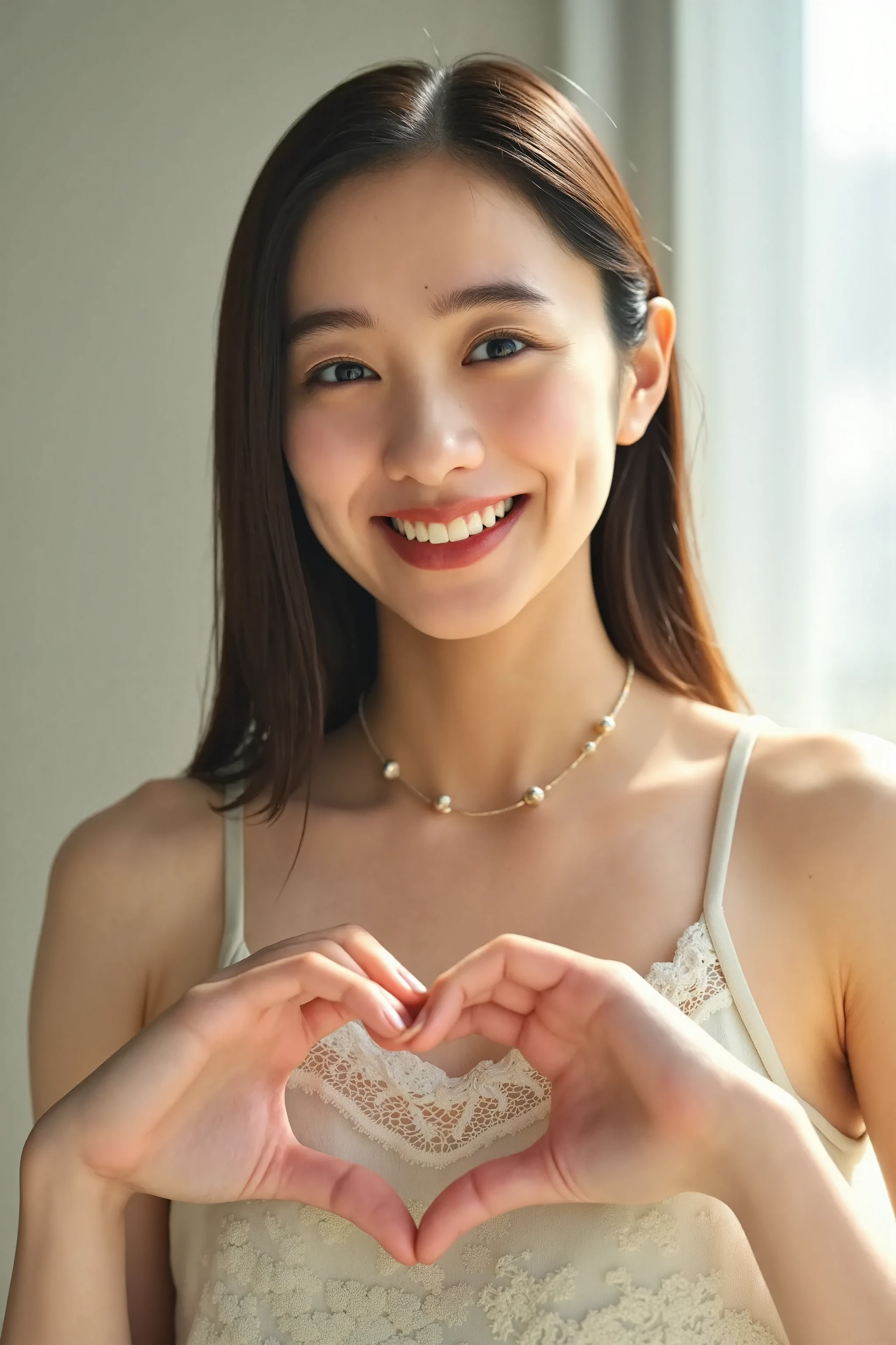 She is in a pose wearing a sexy camisole, making a firm big heart shape with both hands, and holding it in front of her chest, Close-up of a smiling face

