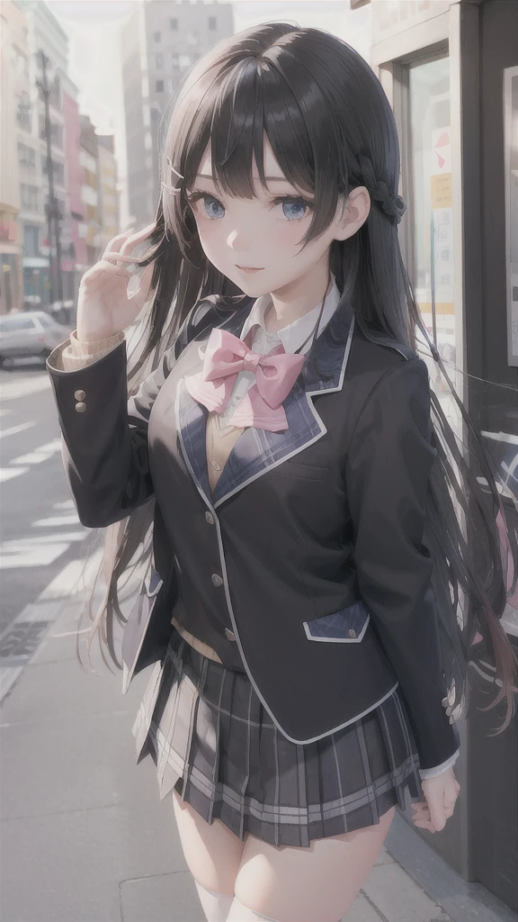 1girl, solo, tsukino mito, long hair, virtual youtuber, skirt, thighhighs, black hair, jacket, bow, blazer, black jacket, hairclip, hair ornament, white thighhighs, bangs, braid, pleated skirt, pink bow, school uniform, bowtie, very long hair, long sleeves, shirt, collared shirt, white shirt, blue eyes, pink bowtie, plaid skirt, plaid, black skirt, miniskirt, standing,  outdoors, street