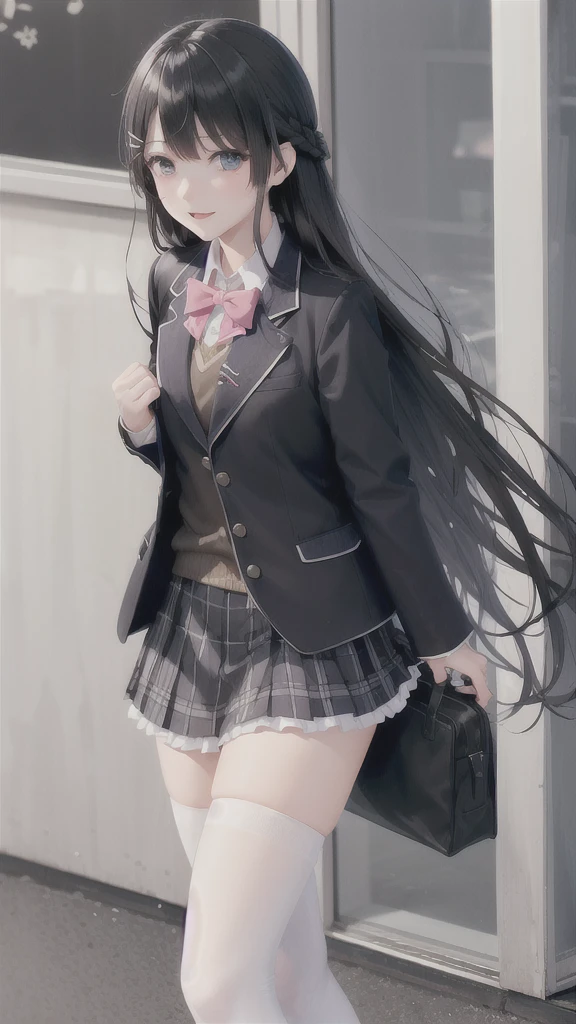 1girl, solo, tsukino mito, long hair, virtual youtuber, skirt, thighhighs, black hair, jacket, bow, blazer, black jacket, hairclip, hair ornament, white thighhighs, bangs, braid, pleated skirt, pink bow, school uniform, bowtie, very long hair, long sleeves, shirt, collared shirt, white shirt, blue eyes, pink bowtie, plaid skirt, plaid, black skirt, miniskirt, standing,  outdoors, street