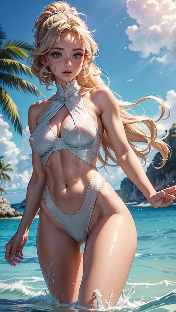 (best quality, 8K, masterpiece:1.3), pretty Woman, 1 girl, beautiful face, (Sexy), blonde hair, curly braided ponytail, super tits, nipples, (clear box), covered nipples, nude, leaning, toned abs, beautiful lower abdomen, raised crotch, emphasizing crotch, breast enhancement, white swimsuit, Ultra-detailed face, Detailed lips, super detailed eyes, double eyelids, long upper eyelashes, Soft skin, HD skin, (Caribbean Sea:1.2), playing in the sea, (in the sea, Half body in the sea), Coral Reef, small fish, 8k, Super detailed, best quality detail, retina, Ultra-high resolution, masterpiece, ccurate