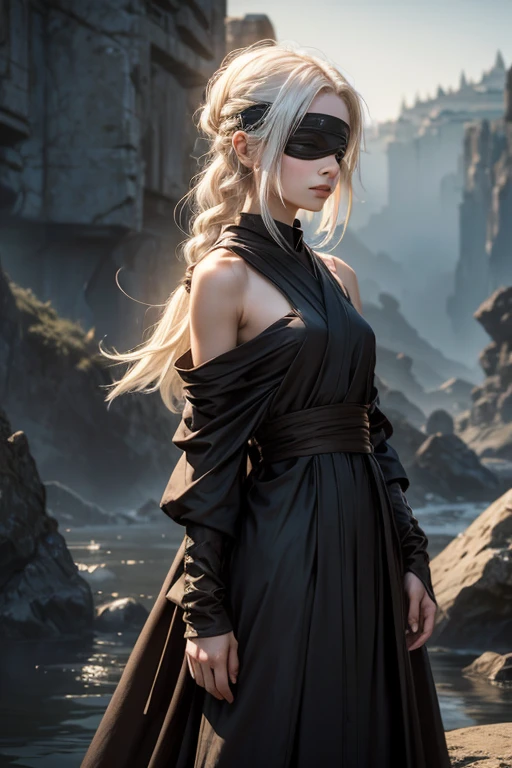 A young girl with shoulder-length white hair, featuring a slim braid on one side. She wears a black fabric blindfold over her eyes, covering them completely. Dressed in traditional Jedi Padawan robes with an earthy brown cloak, her attire has soft, flowing fabric typical of a Jedi trainee. The background is a serene, mystical atmosphere, with faint light casting a gentle glow on her form.