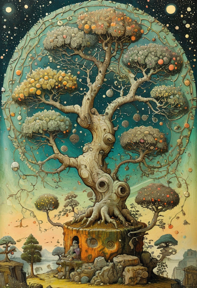 Pointillism darkened background, Doodle art, Mattias Adolfsson artwork, circular spiral patterns, esoteric masterpiece, old dying bonsai tree, cool pastel colors, trypophobia nightmare 