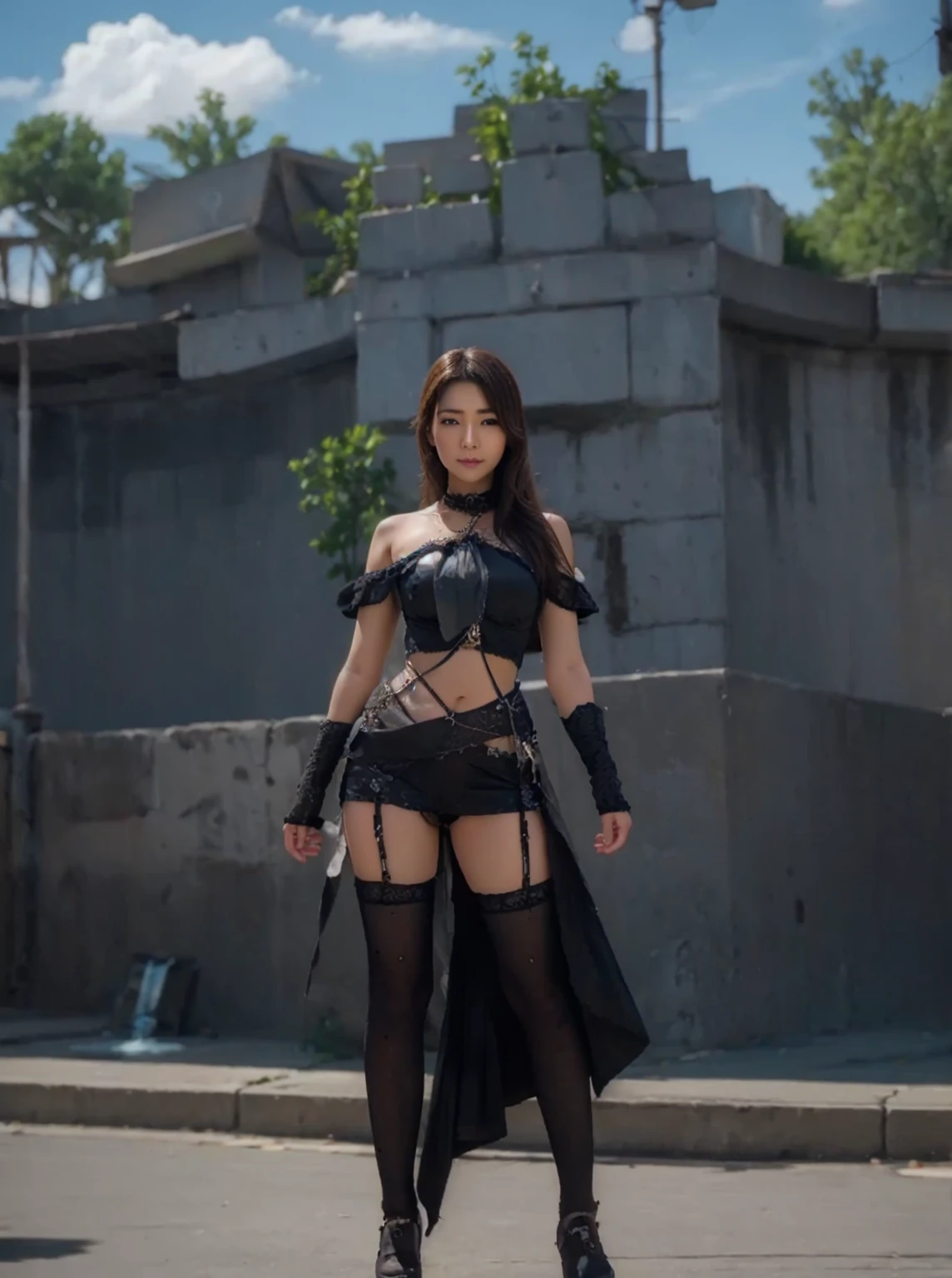 ,((Wearing a torn sheer costume of a superheroine)),(, No bra)), Wet crotch, Wet thighs, Beautiful girl with accentuated slender abs: 1.4, (((nipple tips protruding, areola is protruding, The shape of the pubic region is clearly visible)), sixpack abs: 1.4, Bust Botox, Photo, Sharpness, Unique 850 4, Koda850 k portrait camera, F1.6 shots, Ultra-realistic textures, Spectacular light textures, Cinestil 800 Fashion Mechanics, (futuristic sci-fi battle fashion: 1.1), (tied perfectly by chain), Restraint, Slaves, collars, ((wide prison with sunlight)), Dark fantasy, Realistic material details, extreme hight detail, Ultra-realistic materials ((Torn costume))), Wet, Cloudy, (Chained)), ((big emphasized by chains)), ((chains digging into crotch)), ( (Collar)), (, No bra), shredded costumes, broken golden shields and battle spears,, White combat gloves, Combat shoulder armor, Blood splattered on the face, Blood splattered, Realistic, (Bruises, Dirty, ripped clothing, skimpy clothing, Blood: 1.3),  Torn Cape, Torn pantyhose, Long legs, ((iron pipe in the crotch)), Metallic shackles and fetters, ((chains hung from heaven)), Wet crotch is clearly visible, Swarovski's sword and the anatomy beneath his feet, (futuristic sci-fi battle fashion, Torn mesh stockings),