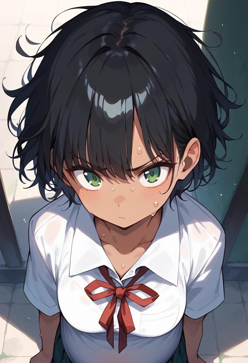  masterpiece , (score_9,score_8_above,score_7_above,score_6_above), 1 girl, green eyes, A bit cheeky , skinny,  asymmetric bangs ,  Short Hair , ( black hair  :1.3), messy hair(1.8),haddock, (School uniform), ( white-collar shirt ,  plain pattern shirt , short sleeves,   shirt tucked into an extremely wide angle :1), ( straight red narrow neck ribbon :1.1),   big boobs , annoyed, bothers, furious, pregnant, dark skin, pregnant, sweating, linda, very pretty 