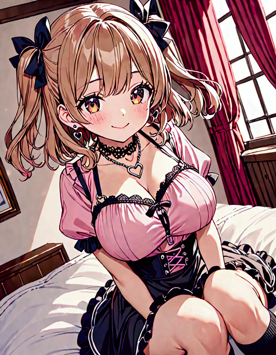 (best quality), (beautiful), (masterpiece), ite girl, solo, light brown hair, medium hair, wave hair, two side up with ribbon, dark brown eyes, large breasts, joyful smile, upper body above the knees, relaxing, free angle, Gothic Lolita fashion, collarbone, lace collar, heart O-ring chain necklace, puff sleeve blouse, pink blouse, (short sleeves:1.0), high waist flared skirt, black skirt, black socks with lace trim, platform lace up boots, earrings, cute girl's room,