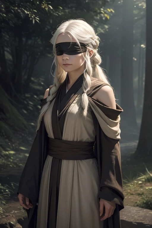 "A young girl with shoulder-length white hair, featuring a single, slim braid along one side, wearing a black fabric blindfold over her eyes. She’s dressed in flowing Jedi Padawan robes with earthy, layered textures, and a soft brown cloak that drapes naturally. Vivid colors illuminate her figure against a mystical, ethereal background, with gentle beams of light filtering through mist, casting a magical glow around her. Detailed fabric textures show in her attire, with subtle highlights in her hair, adding a sense of depth and realism. The scene has a cinematic atmosphere, blending mystery and serenity."