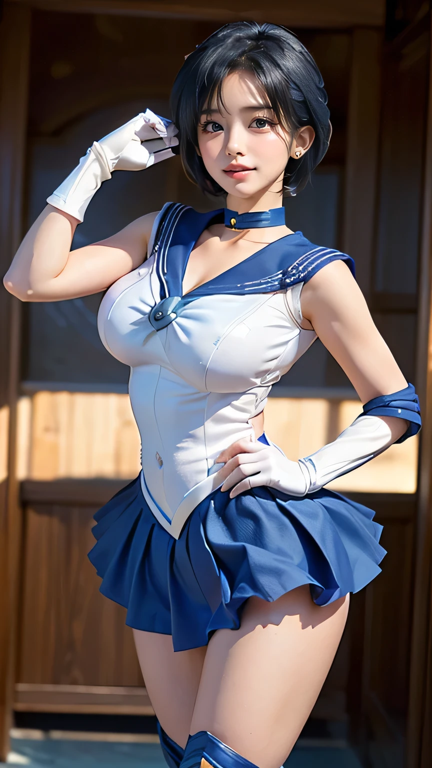(((Best Quality))), ((masterpiece)), ( Details), ((Alone)), (((((( A girl in a Sailor Mercury costume)))))), (((Slender body,:1.4,Large Breasts,Big Ass,Slim and narrow waist,Thick thighs,Toned, slender legs))),( Camel Toe ,Camel hoof), (( glowing skin , white skin, glowing skin )), Mysterious Light, (((( angle capturing face and whole body )))), ((( well-groomed face ))), ((Big Eyes)), ((((((Droopy eyes)))))), ((((Close your eyes)))), (( at random angles )), ((((Accurate anatomy)))), perfect makeup , eyeshadow, earrings with cups, necklace , ((( Dynamic Poses ))),(((, tiara , Sailor Warrior Uniform, blue sailor color , bow, Knee-high boots, choker, White gloves, blue choker, elbow gloves, JEWELRY, earrings with cups, blue skirt ))),(( random sexy pose)),