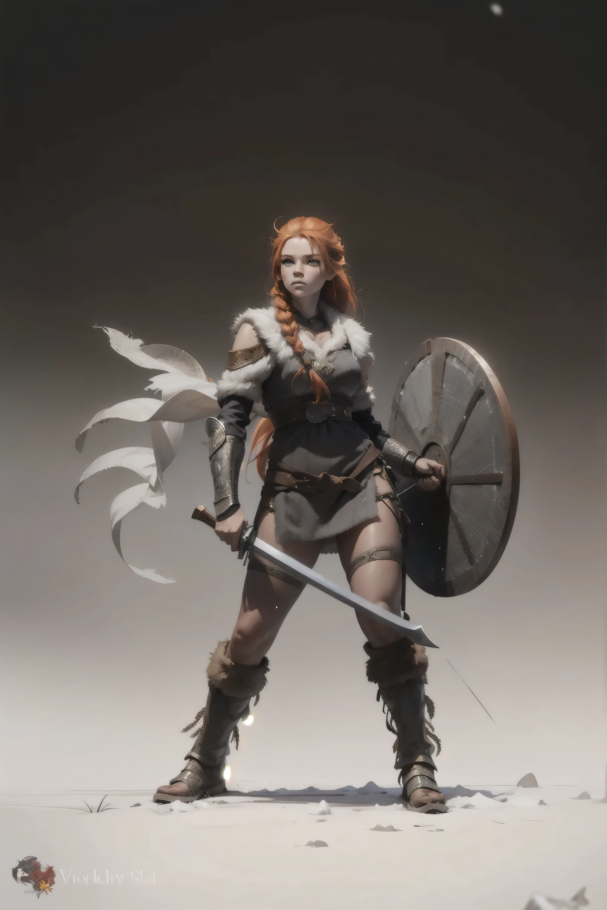 masterpiece, high quality, more detailed, Fr3ckles, freckles, long hair, ginger RED hair, grey eyes, 1girl, Viking, warrior V1k1ng, furs, leather armor, braids, snow,