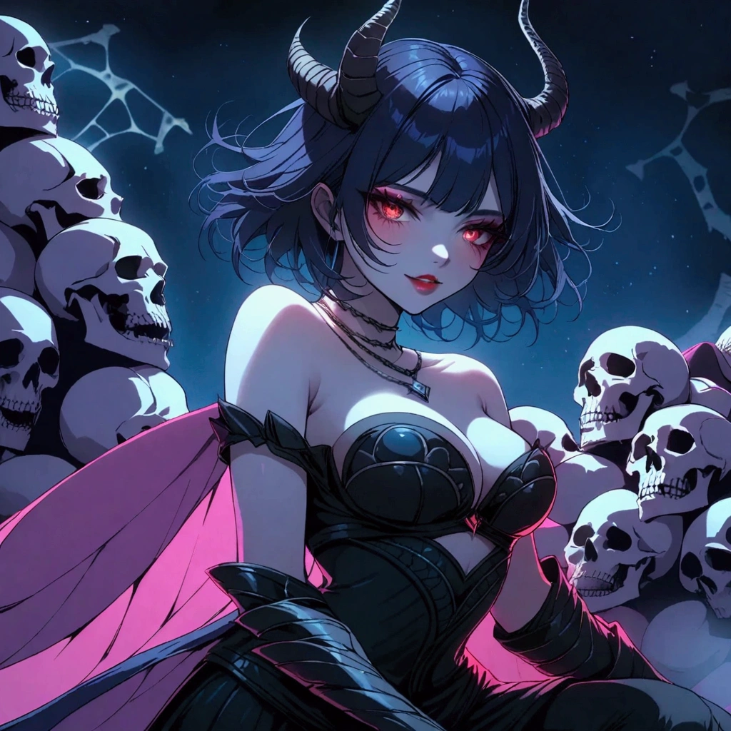  Lilith sitting on a throne of skulls and bones, with short hair and black dress  