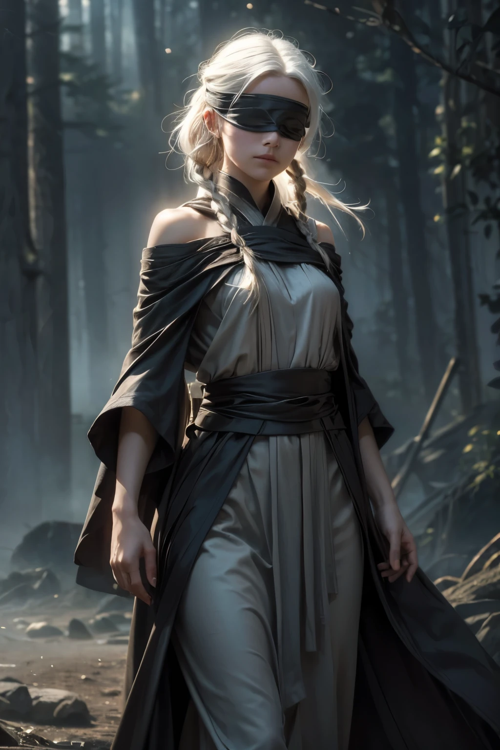 "A young girl with shoulder-length white hair, featuring a single, slim braid along one side, wearing a black fabric blindfold over her eyes. She’s dressed in flowing Jedi Padawan robes with earthy, layered textures, and a soft brown cloak that drapes naturally. Vivid colors illuminate her figure against a mystical, ethereal background, with gentle beams of light filtering through mist, casting a magical glow around her. Detailed fabric textures show in her attire, with subtle highlights in her hair, adding a sense of depth and realism. The scene has a cinematic atmosphere, blending mystery and serenity."