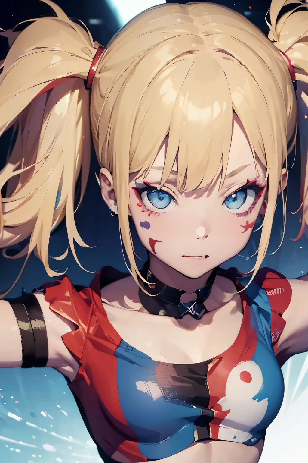  a girl with blonde hair with Harley Quinn style pigtails, blue eyes, Her face is painted like Harley Quinn ,  on his face you can see a somewhat lunatic face. (full body)