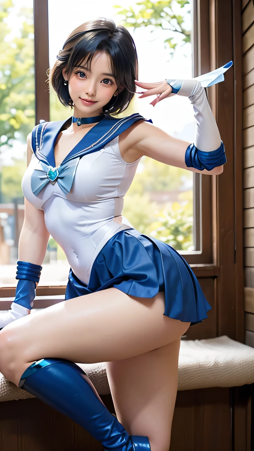 (((Best Quality))), ((masterpiece)), ( Details), ((Alone)), (((((( A girl in a Sailor Mercury costume)))))),  (((Slender body,:1.4,Large Breasts,Big Ass,Slim and narrow waist,Thick thighs,Toned, slender legs))),( Camel Toe ,Camel hoof), ((  glowing skin  , white skin,  glowing skin  )), Mysterious Light, ((((  angle capturing face and whole body )))), ((( well-groomed face ))), ((Big Eyes)), ((((((Droopy eyes)))))), ((((Close your eyes)))), (( at random angles )), ((((Accurate anatomy)))),   perfect makeup , eyeshadow, earrings with cups, necklace , ((( Dynamic Poses ))),(((blue hair:1.5,  tiara ,  Sailor Warrior Uniform,  blue sailor color , bow, Knee-high boots,  choker, White gloves, blue  choker, elbow gloves,  JEWELRY,  earrings with cups,   blue skirt  ))),(( random sexy pose)),