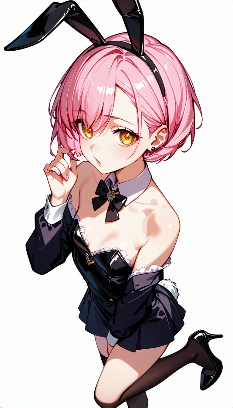  High image quality 、high quality、 one girl playing pranks、 pink hair、 short haired 、 golden eyes、Small breasts、 cleavage、 simple background、Fisheye Lens、Shooting from above、 The girl is looking at the camera、 face up 、Looking up、 High Heels 、 bunny girl、black stockings