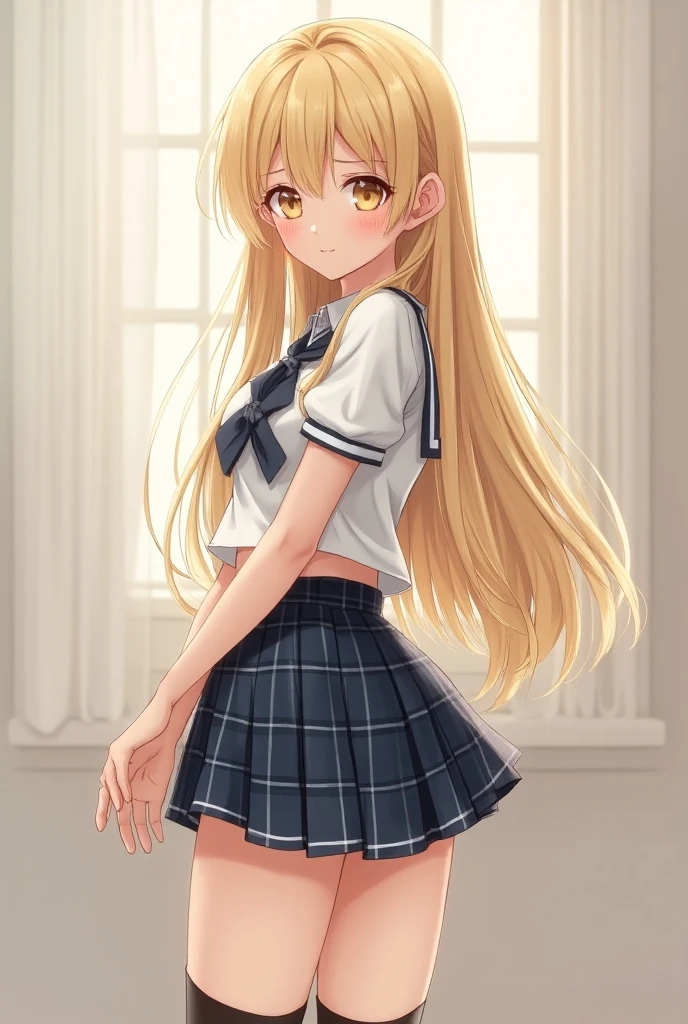 masterpiece、8k、girl with、Twin-tailed、a blond、A slight smil、Flipping up the skirt with both hands、low angles、Panchira、White pants are fully visible、Intermediary