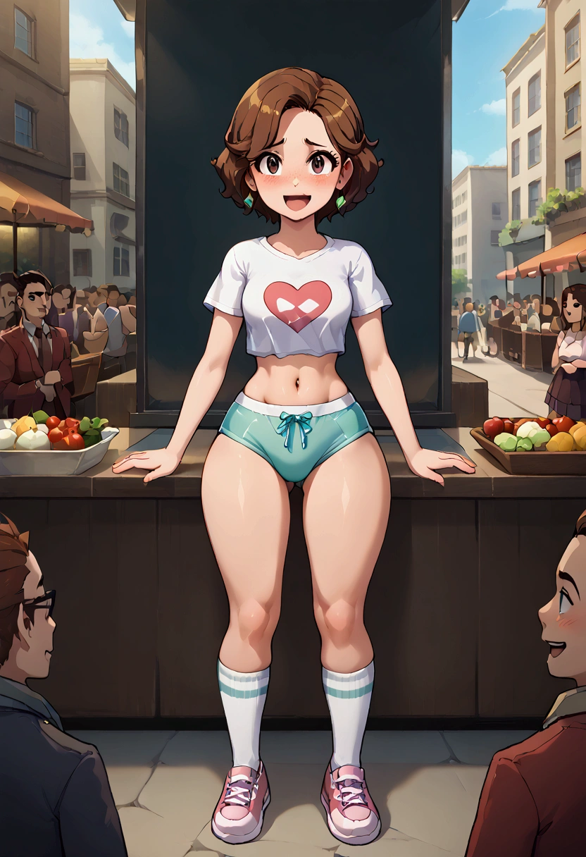 (mejor calidad,alta resolución), arte de pixel, colores vibrantes, Atmósfera nostálgica, Jugabilidad inmersiva, gráficos de 16 bits, controles perfectos de píxeles, pixel art. 1 chica, , highschool girl, brawny college-age girl with a freckled face, 17yo girl, standing in the middle of a crowd, on a busy street (outdoors), street full of people, crowd looking at her, laughing at her and taking pics of her. Crowd looking at her, people close to her, seeing her, laughing, looking at her, crowd close to her. She is wearing (white oversized cottonhigh rise pantise with full waist coverages), (white crop top t-shirt), white cotton above knee socks, (wearing white cotton underwear with printed hearts on them. Wearing cute underwear, cute shirt. (cotton printed underwear), wearing white cotton tummy tucker panties, cotton high cut briefs, cotton high-waisted panties, white cotton control briefs, high rise pantise with full waist coverages and high waisted fit, high french cut panties with high waist legs hole. Nerd, dork, clear and detailed face, brown hair, short hairstyle, clear face, (embarrassed, panicking, shy, full-face blush, open mouth, parted lips:1.3), thick thighs, big butt, small sized breast, big dips, small waist, slim arms, brown eyes. Cuerpo completo en escena, full body view, more environment view, long distance shot, a lot of details, (masterpiece, top quality, best quality, official art, beautiful and aesthetic:1.2), (1girl), extreme detailed, (fractal art:1.3), colorful, highest detailed, perfect face, (mejor calidad,alta resolución), arte de pixel, colores vibrantes, Atmósfera nostálgica, Jugabilidad inmersiva, gráficos de 16 bits, controles perfectos de píxeles, pixel art. tighty whities, briefs, boxer briefs, clasic briefs BREAK people close to her, they are too close, people laughing, girl panicking
