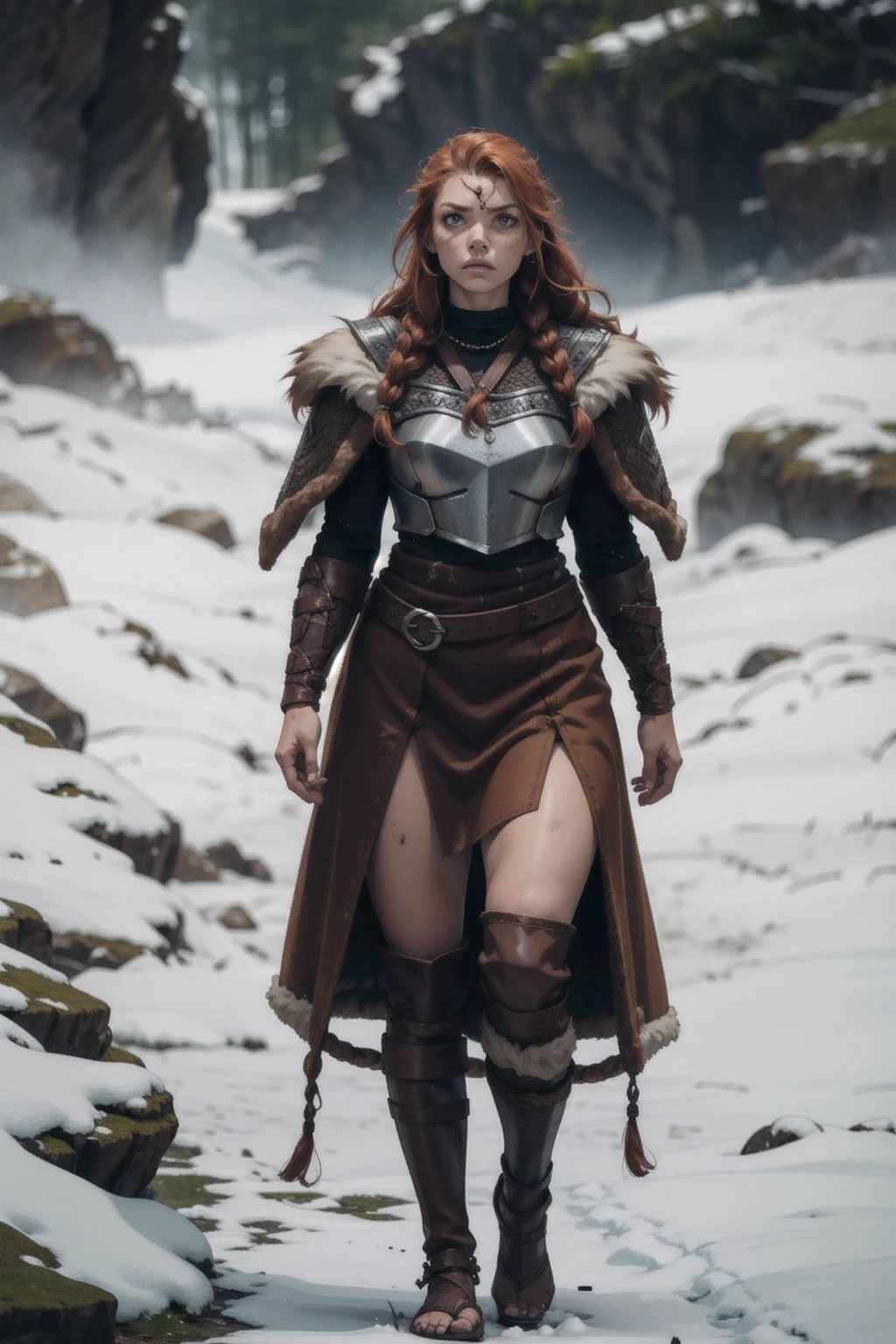 masterpiece, high quality, Fr3ckles, freckles, long hair, ginger hair, grey eyes, 1girl, Viking, warrior V1k1ng, furs, leather armor, braids, snow, makeup, full body, Muscular, Scarred,Untamed hair,Intense eyes,Animal pelts,Tribal tattoos,Rough skin,Strong jawline,Piercings,Battle-worn, hick braids tangled with beads, sun-weathered skin, arms adorned with scars and tribal marks, fierce gaze beneath a furrowed brow, calloused hands wielding a heavy axe, leather straps and iron rings around powerful limbs, a cloak of beast hides draped over broad shoulders, teeth clenched in a defiant snarl, muscular physique brimming with primal strength.