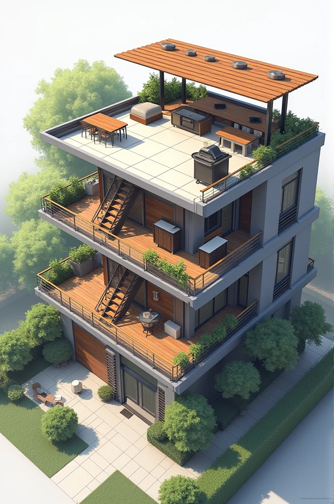 A triplex with a slab with a cover made of wood on the slab under this roof has a barbecue and some tables and chairs on the second floor has a balcony and on the third floor there is a balcony and a staircase to access the slab 