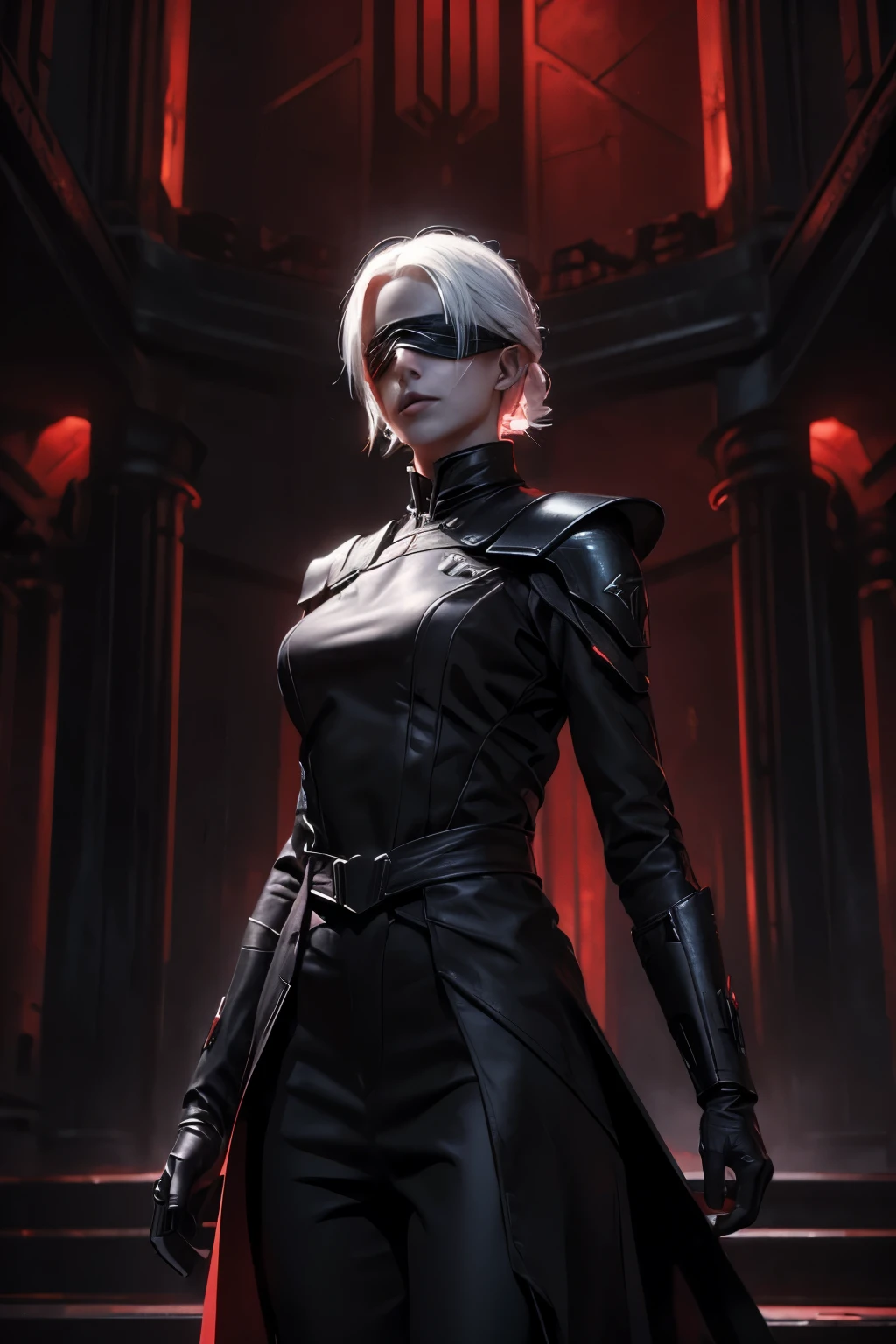 A young girl with shoulder-length white hair, featuring a single, slim braid along one side. She wears a dark Inquisitor outfit, including black armor with sharp, angular shoulder guards, and red accents along her chest piece and arms. Over her eyes is a black, fabric blindfold, adding a haunting yet mysterious touch. She stands on the sleek, metallic floor of a sci-fi Inquisitor citadel, with dark walls lined by red and silver lights that create an ominous glow. In the background, towering, futuristic spires rise, and dim red lighting casts sharp shadows, enhancing the intimidating, powerful atmosphere. The overall scene has a dark, intense color palette, with dramatic lighting for a cinematic, imposing look.