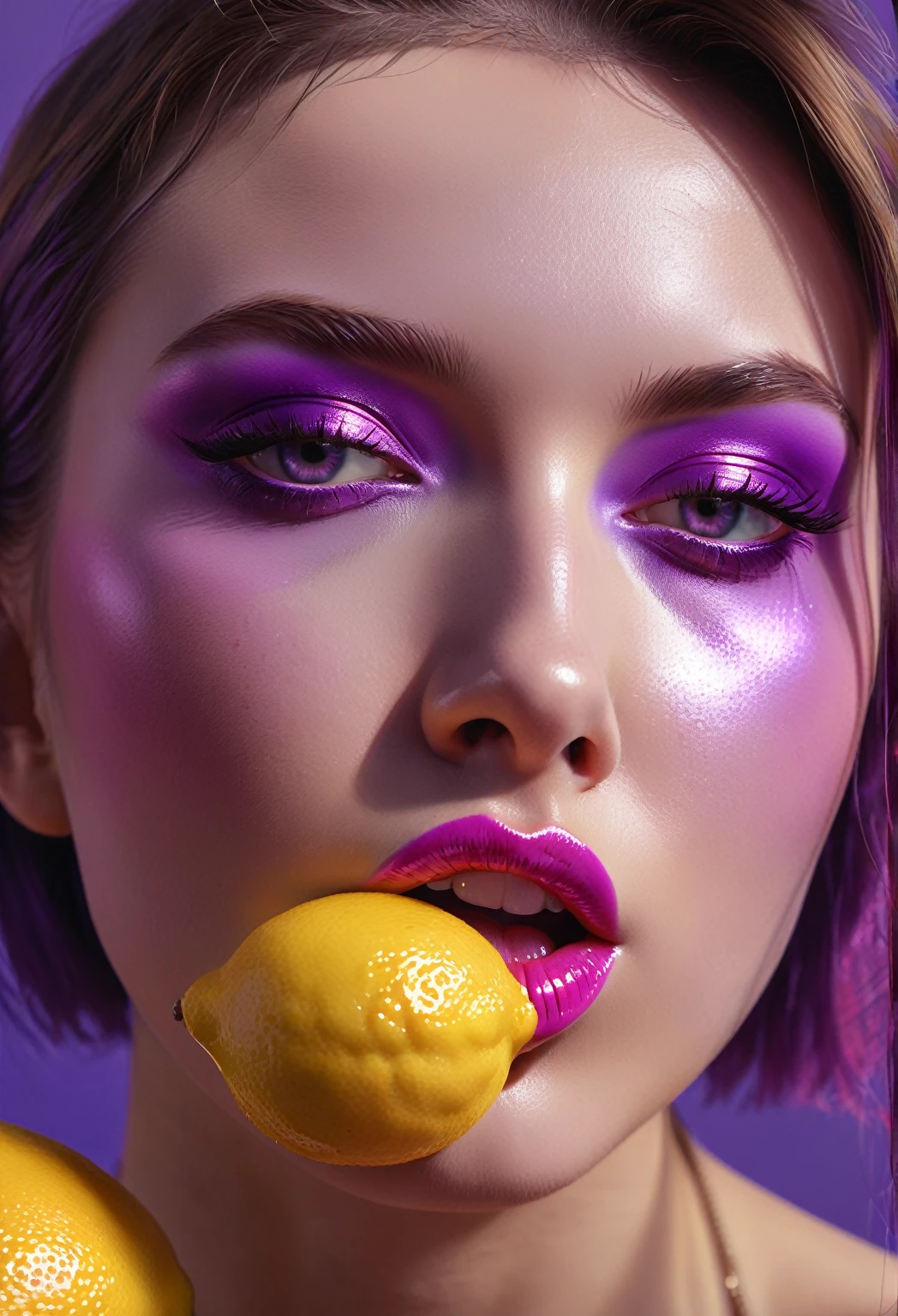 Pop art piece featuring an individual with voluminous metallized features savoring lemon juice, lips appear exaggeratedly juicy, tongue stretched devilishly long, embracing an absurdist, surreal aesthetic, acid-bright purple and pink hues dominate, with meticulous play of highlights and shadows, rendered in octane to showcase 32k ultra fine detail.rendered in Unreal Engine, photorealistic, detailed acrylic. High Resolution, High Quality, Masterpiece