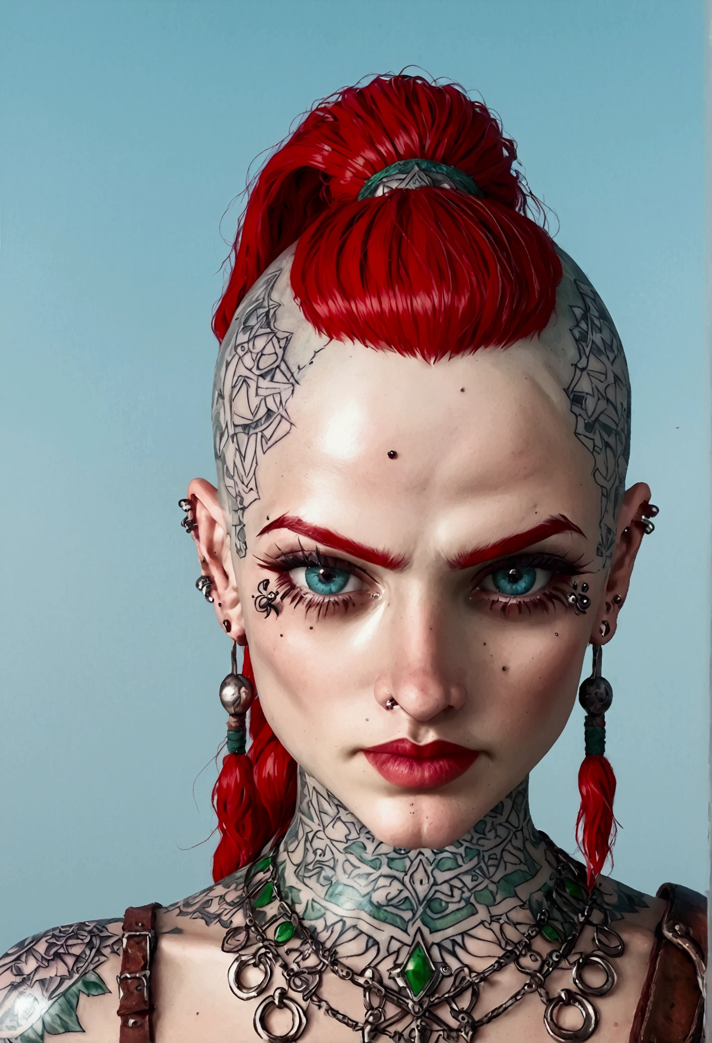 ****ung and beautiful White gaullish girl, mystical medieval witch (warrior), pale skin, celtic tattoos, ((shaved hair + fringe + ponytail)), cruel expression , ((celtic armor)), celtic ambiance, ((piercings)), red hairs, (((threatening girl)))