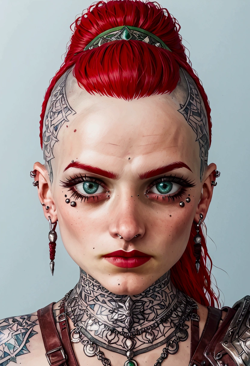 ****ung and beautiful White gaullish girl, mystical medieval witch (warrior), pale skin, celtic tattoos, ((shaved hair + fringe + ponytail)), cruel expression , ((celtic armor)), celtic ambiance, ((piercings)), red hairs, (((threatening girl)))