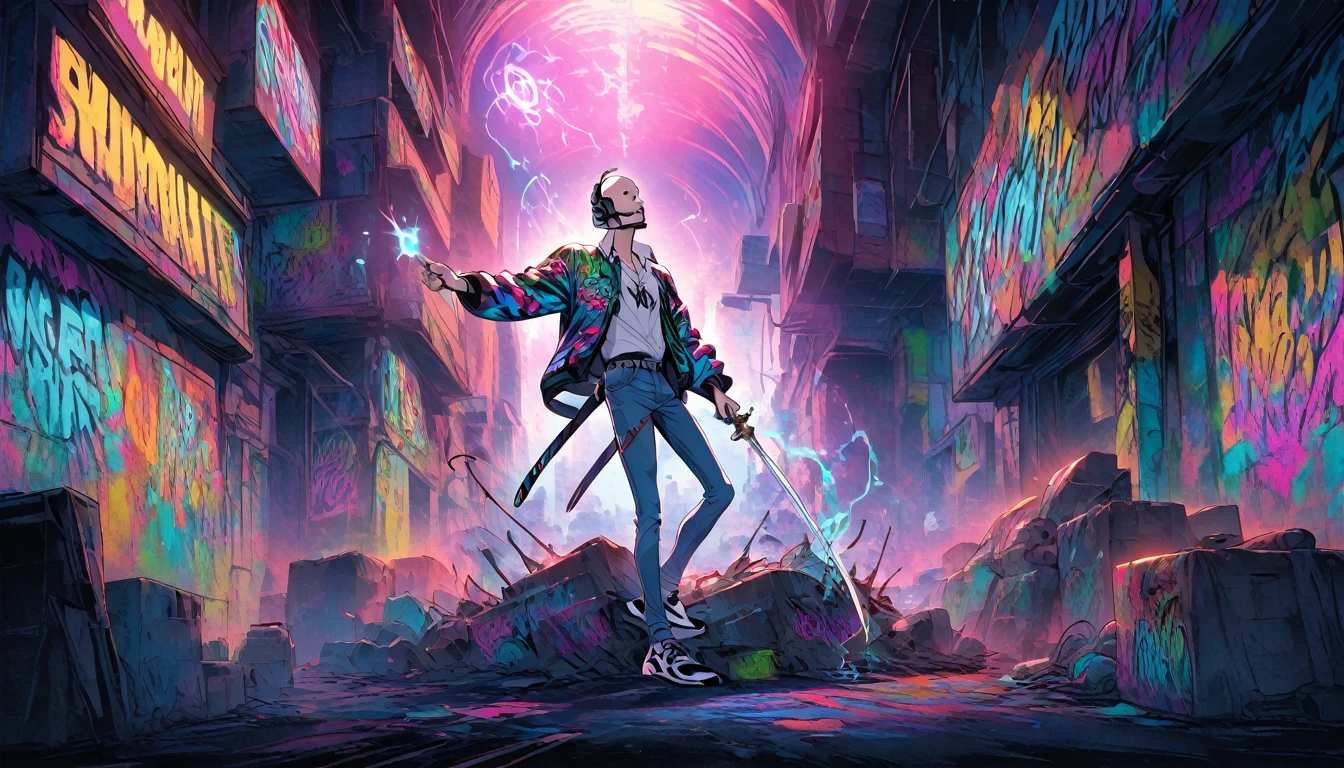 boy, bald, Small neck, white collar , black tie,  jeans, Shirt off the pants , Grafitti jacket, white sneakers, standing, Headset around the neck, 1,69 tall. normal body, holding a katana with the right hand and a floating energy orb in the left hand.