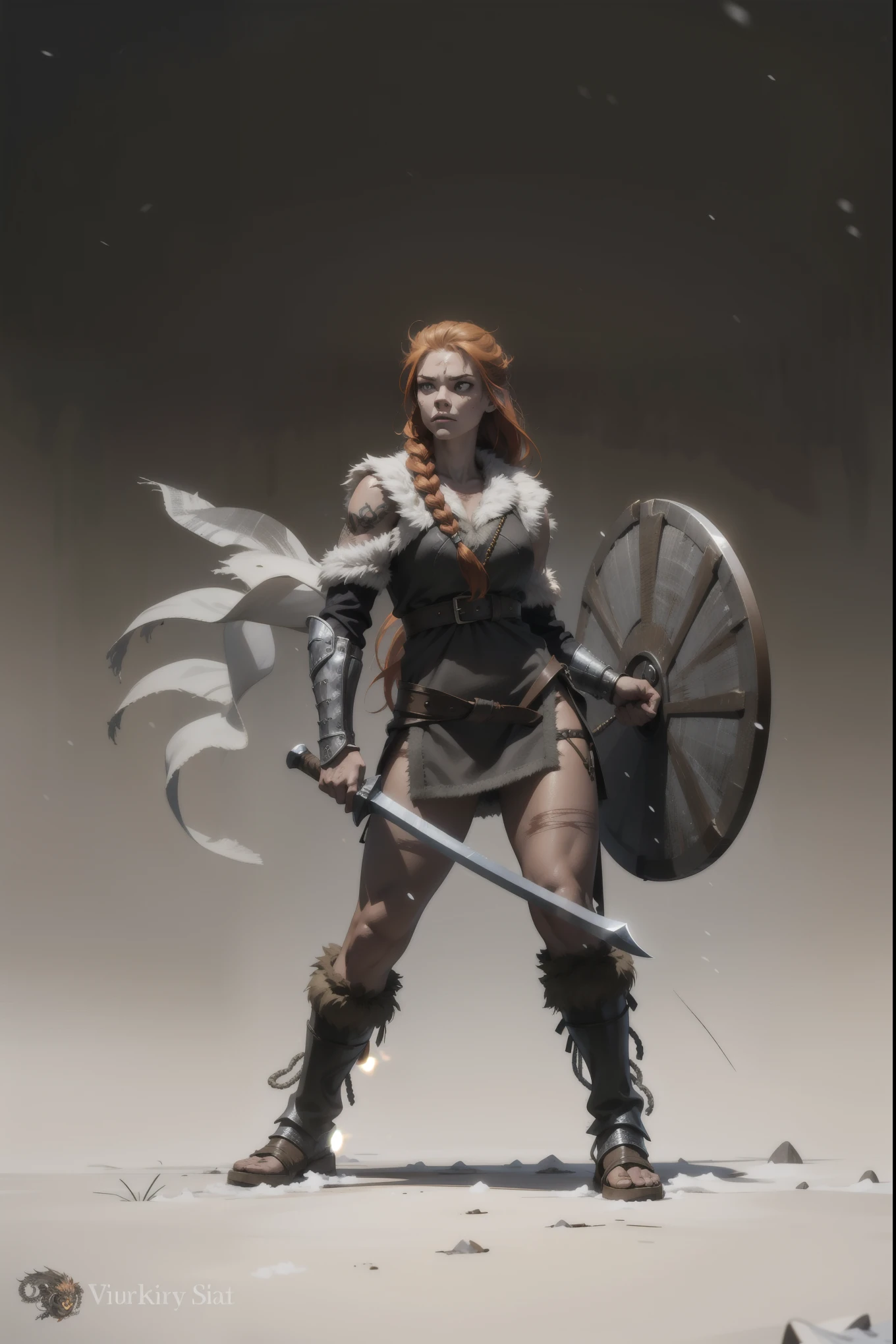 masterpiece, high quality, more detailed, Fr3ckles, freckles, long hair, ginger RED hair, grey eyes, 1girl, Viking, warrior V1k1ng, furs, leather armor, braids, snow, masterpiece, high quality, Fr3ckles, freckles, long hair, ginger hair, grey eyes, 1girl, Viking, warrior V1k1ng, furs, leather armor, braids, snow, makeup, full body, Muscular, Scarred,Untamed hair,Intense eyes,Animal pelts,Tribal tattoos,Rough skin,Strong jawline,Piercings,Battle-worn, hick braids tangled with beads, sun-weathered skin, arms adorned with scars and tribal marks, fierce gaze beneath a furrowed brow, calloused hands wielding a heavy axe, leather straps and iron rings around powerful limbs, a cloak of beast hides draped over broad shoulders, teeth clenched in a defiant snarl, muscular physique brimming with primal strength.
