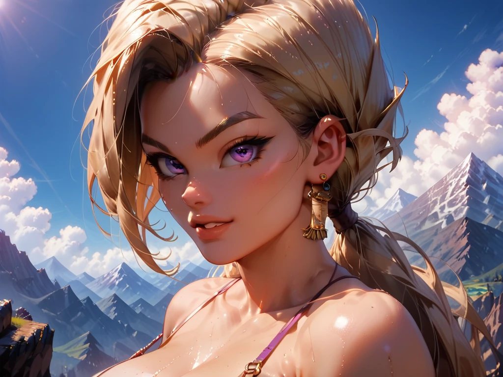 1girl,  A super saiyan from DBZ, labios gruesos, blonde hair,  white skin, smooth and Soft skin ,purple eyes, big eyes, beautiful eyes , huge breasts, Bubble butt ,  huge butt,  wide hips, plump ass, thick thighs , (The best quality),  masterpiece , (intricate details) (ultra high Bloom), (high-contrast), (High quality Shaders), (Ultra shadow quality), ( dim lighting), (mountains in the background), sinozickexpressaiu