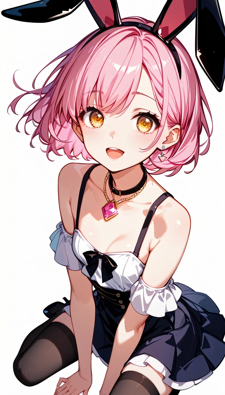  High image quality 、high quality、 one girl playing pranks、 pink hair、 short haired 、 golden eyes、Small breasts、 cleavage、 simple background、Fisheye Lens、Shooting from above、 The girl is looking at the camera、 face up 、Looking up、 High Heels 、 bunny girl、black stockings、necklace with pink gemstones