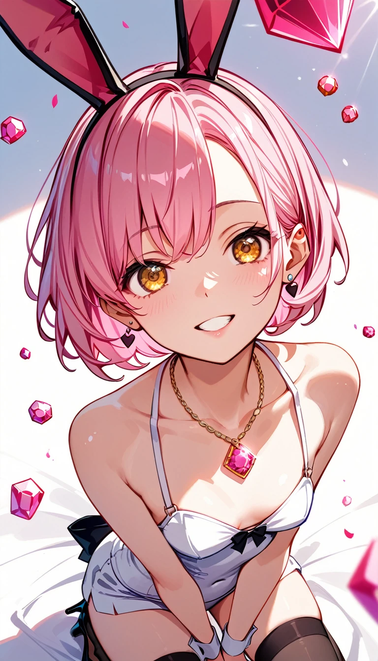  High image quality 、high quality、 one girl playing pranks、 pink hair、 short haired 、 golden eyes、Small breasts、 cleavage、 simple background、Fisheye Lens、Shooting from above、 The girl is looking at the camera、 face up 、Looking up、 High Heels 、 bunny girl、black stockings、necklace with pink gemstones