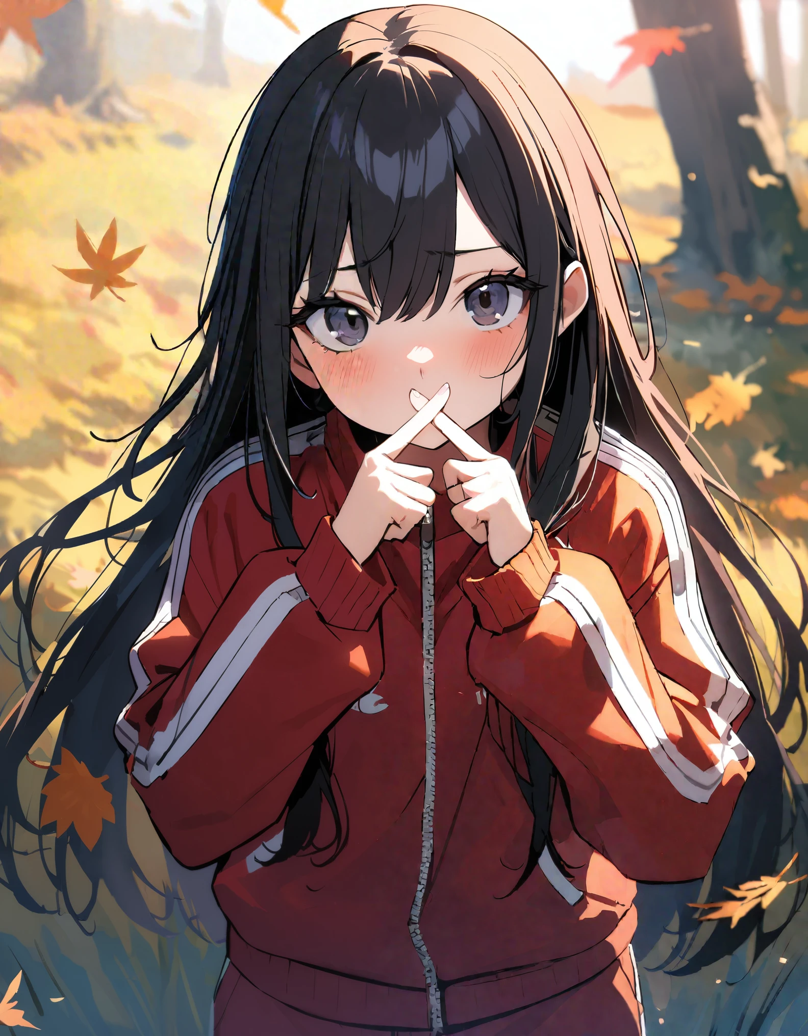 (8K, best quality, master piece: 1.2),super high resolution,1 girl,solo,yo,ultra-detailed face,detailed eyes,black eyes with visible white between the iris and the lower eyelid,asymmetrical hair,black long hair,messy hair,unkempt hair,extra short bangs,Forming an ‘X’ with middle finger of the both hands over lips,oversized red tracksuit,red long pants,looking at viewer, cowboy shot, standing,outdoors autumn Grassland