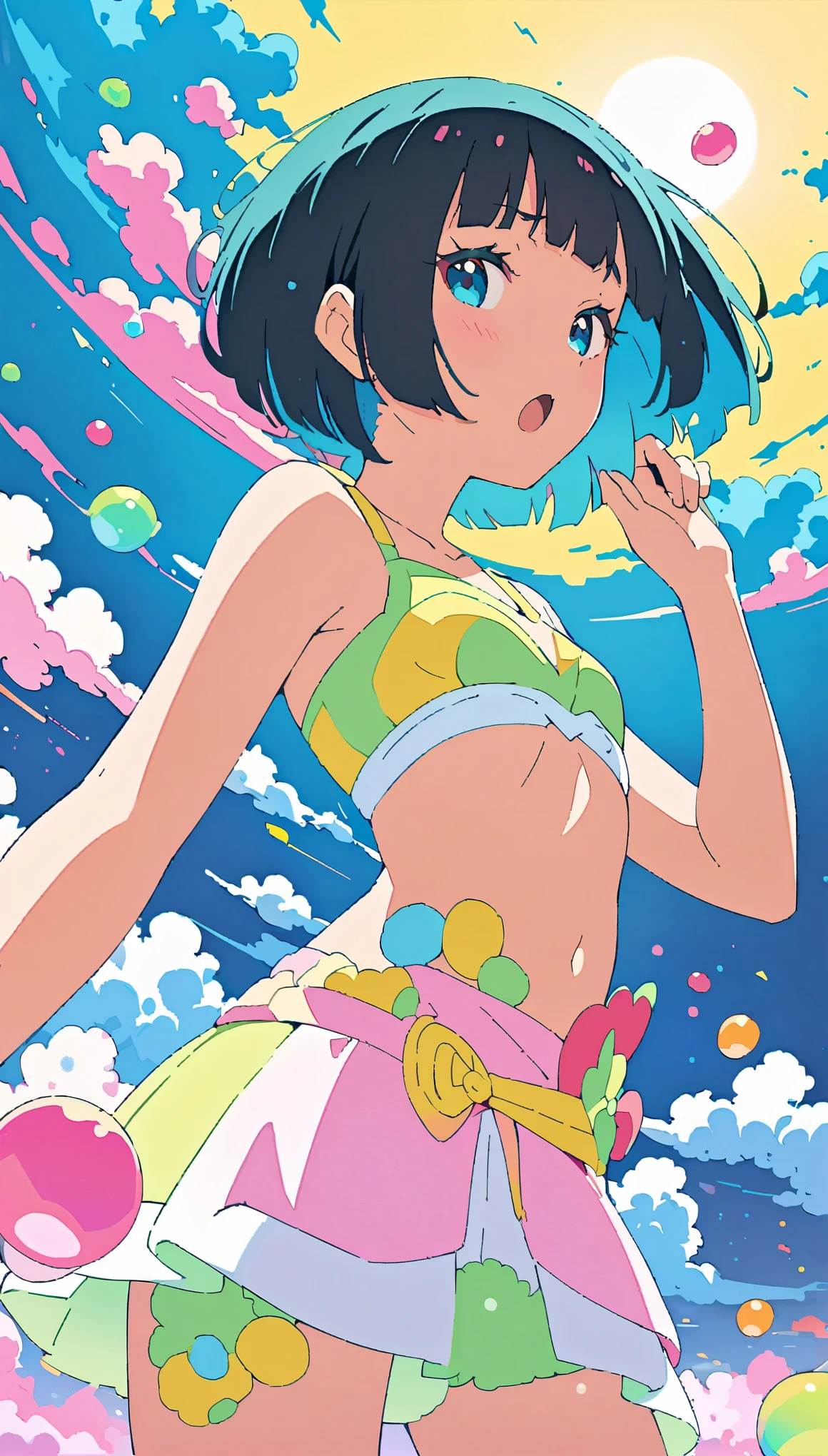 Best Quality, Supene, 8k, Incredibly absurd, Very detailed, 2.5D, Beautiful Goddess, Soap bubbles, Pastel colored clouds, Sunshine, Pop Art, Delicate and dynamic, Pastel Color Fantasy, Black Hair, Bobcut, Very young, Small breasts, Official Art