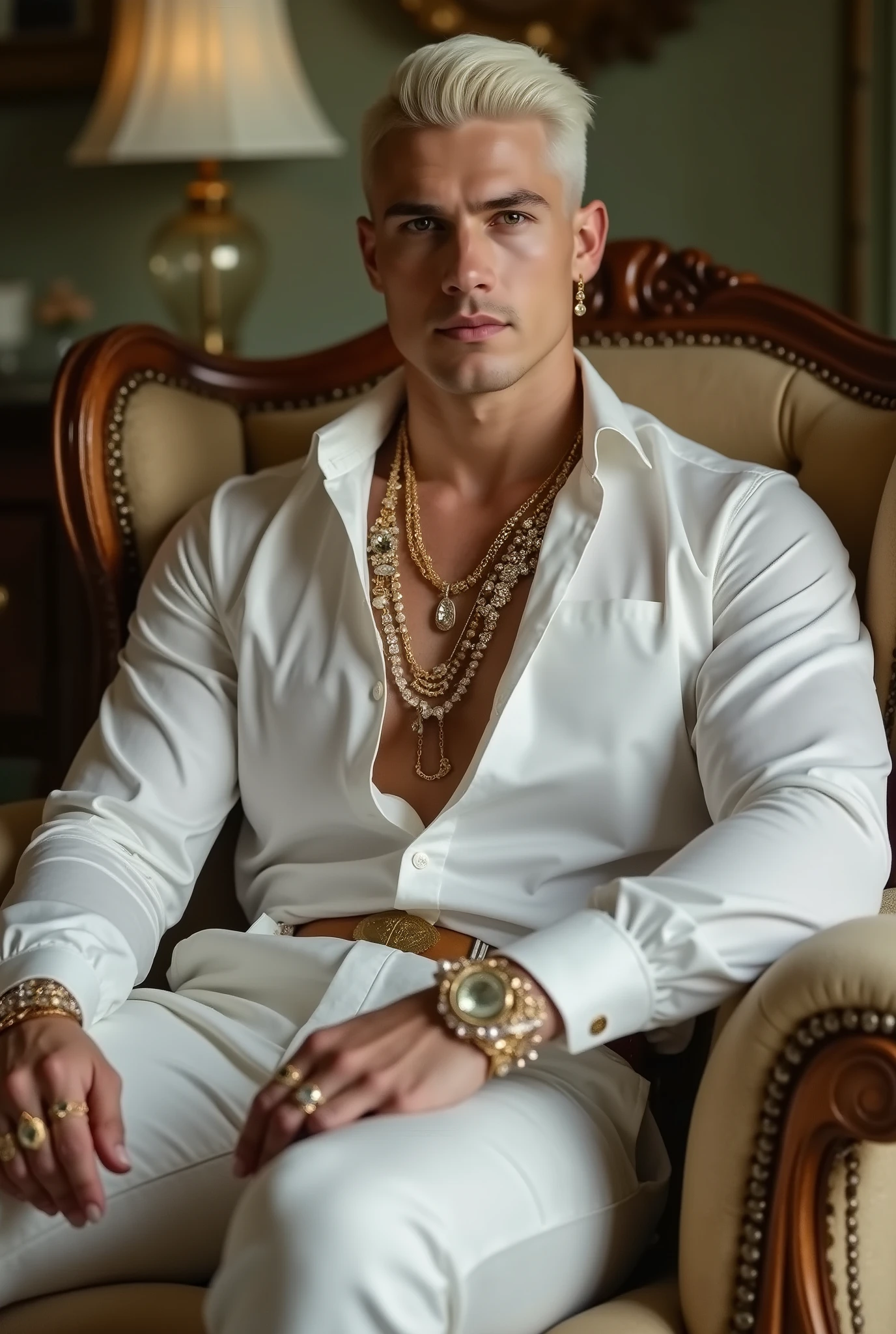 (((Cyberpunk Theme))) (((Muscular Blonde Man))) (((Sitting on luxurious sofa))) (((Golden mechanical arms))) (((Golden sunglasses))) (((Jacket white showing her chest))) (((white jeans)))
