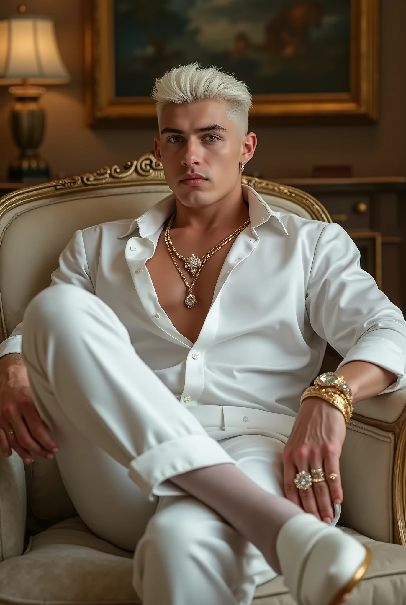 full view, one young chubby light blond rich fat (ex-) male model aaron frew, looking arrogant, wearing fashionable Prada loafers, white high long socks, white shorts, dozens of golden rings, golden chains, golden necklaces, diamond watch, lying on white fur couch, manor luxurious bedroom