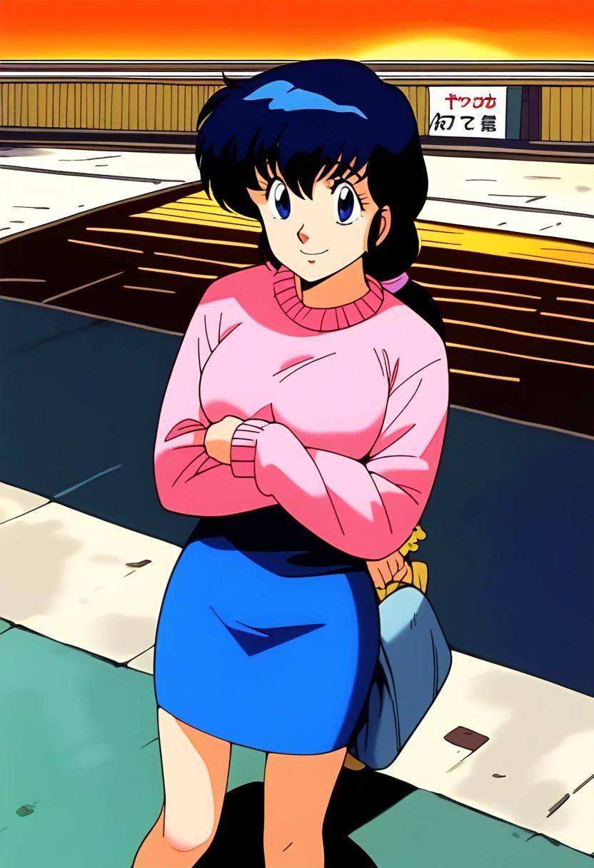 kyoko,score_9,score_8_above,score_7_above,source_ animated,1 girl, carrying ferret in his arms , looking at the spectator ,  outside the Maison ikkoku , 1980,  asphalt sidewalk   ,acera,,strength_agenda ,orange sky, pink sweater, blue skirt, long,  front view  ,standing,smile,  winged a man like Diego Maradona 