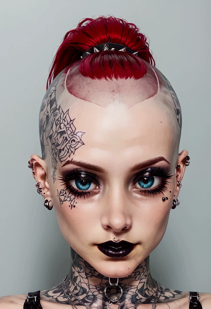 ****ung and beautiful goth girl girl, pale skin, goth tattoos, ((shaved hair + red ponytail)), ((piercings)), 