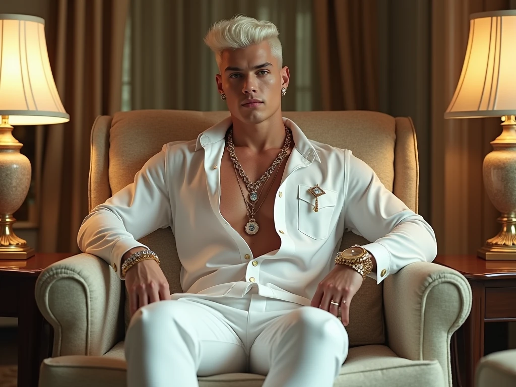 full view full body, one handsome over-muscular and over-bodybuilded young white male with long demon blue and gold horns, blond preppy undercut clean haircut, angelic face, tanned, in shiny light-blue rubber suit and white socks, white chunky hyper-fashion Gucci loafers, lots of golden rings,necklaces,bracelets, lying groggy on the ground, defeated by a young white guy with light-brown hair, tattered trackies and sneakers, standing laughing at him, in deserted street, night