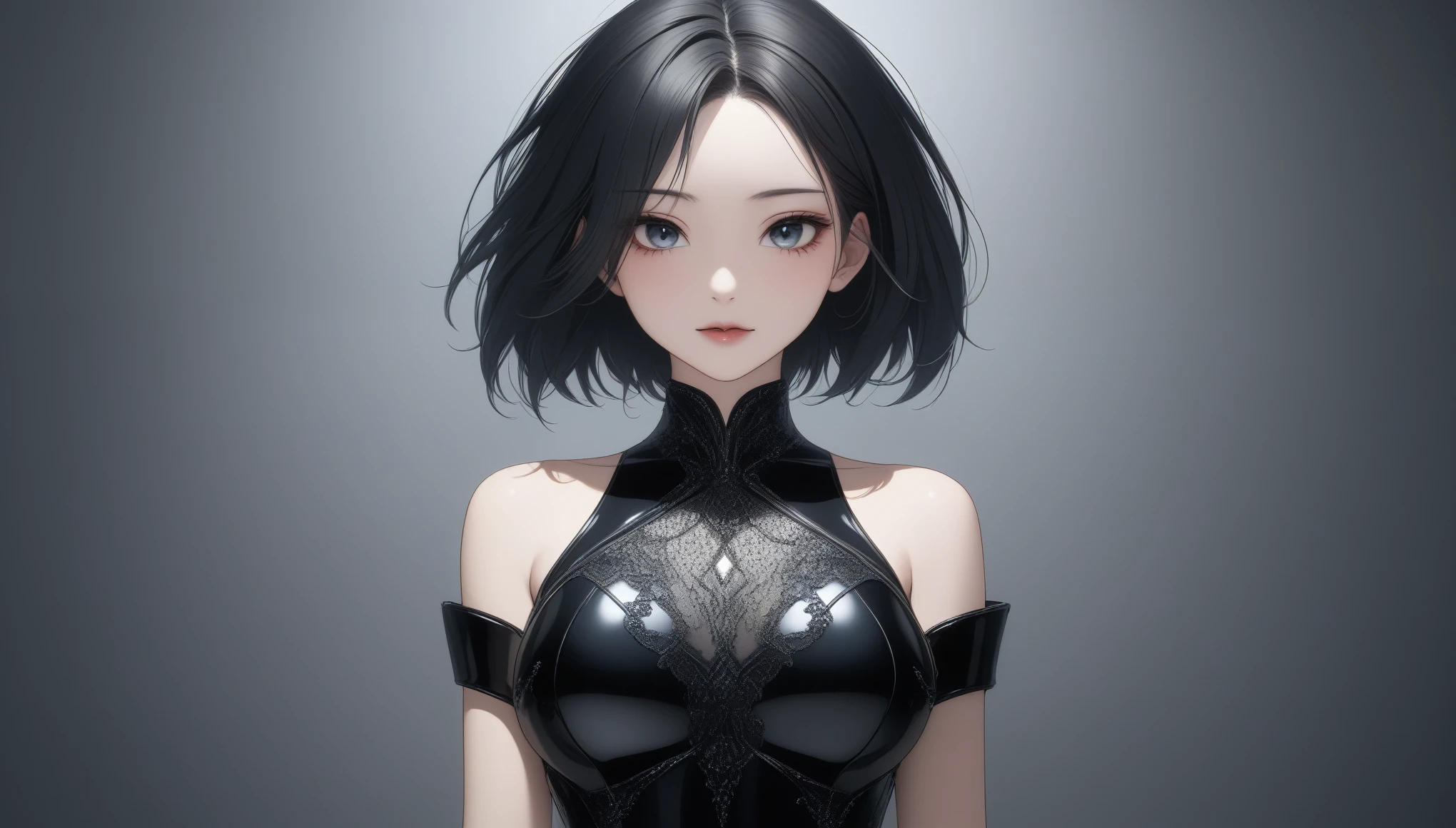 8k, ultra high resolution, Best Quality, masterpiece, 三分割法によるphotograph, surreal,photograph,One Woman,(Girl:1.3),cute,cute顔, 細部まで beautiful eyes, 細かく Detailsに,masterpiece,一人のGirl:1.2, Japanese women,Young Wife,close up,smile,Black hair,Straight Long ,ID photo,future,Brutal Cyberpunk Woman,Luxurious and gorgeous,Gray background,((beautiful shiny dress:1.5)),Flashy Fashion,Lavish Decoration,(BDSM Mistress),(Cute girl),(Upper class lady:1.5),Expressions of despair,Dark and atmospheric lighting, Delicate Details, Detailsな顔,anger,Attractive eyes,(ポートレートphotograph:1.4),( photorealistic images :1.4), Fantasy Art,(Beautiful Face:1.4),美しくAttractive eyes、 beautiful eyes,Silver Remaining,(Tight waist:1.4)、(Beautiful with perfect body proportions:1.4), Pink Lips,profile,(((Ideal body type))),A cup small bust :2,、Portraiture:2、 perfect anatomy、鮮明な Details、 Details,Thin lips,完璧でBeautiful Face ,完璧でcute顔, Detailed Skin , Perfect limbs、 Thin Waist, surreal,Light and Shadow,glowing