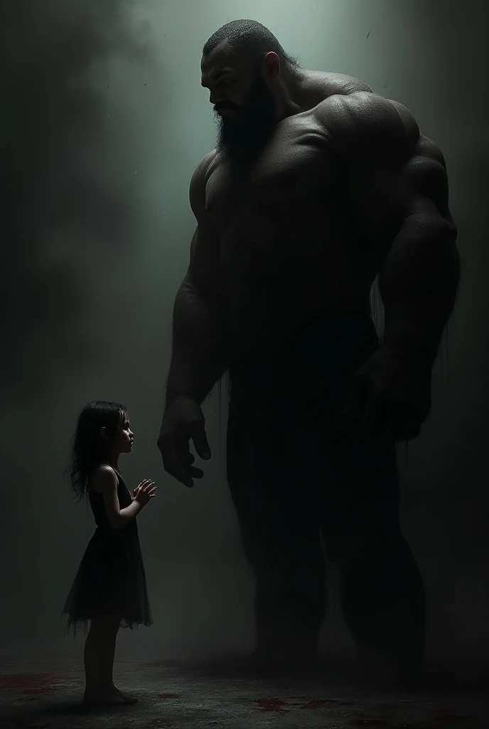 "Nia, standing in her doorway, speaks earnestly to the giant, who remains unfazed and indifferent. The giant's relaxed posture and casual demeanor highlight his lack of concern. Nia's frustration is evident, contrasting with the giant's calm presence. The warm evening light casts soft shadows, emphasizing the tension between them."
