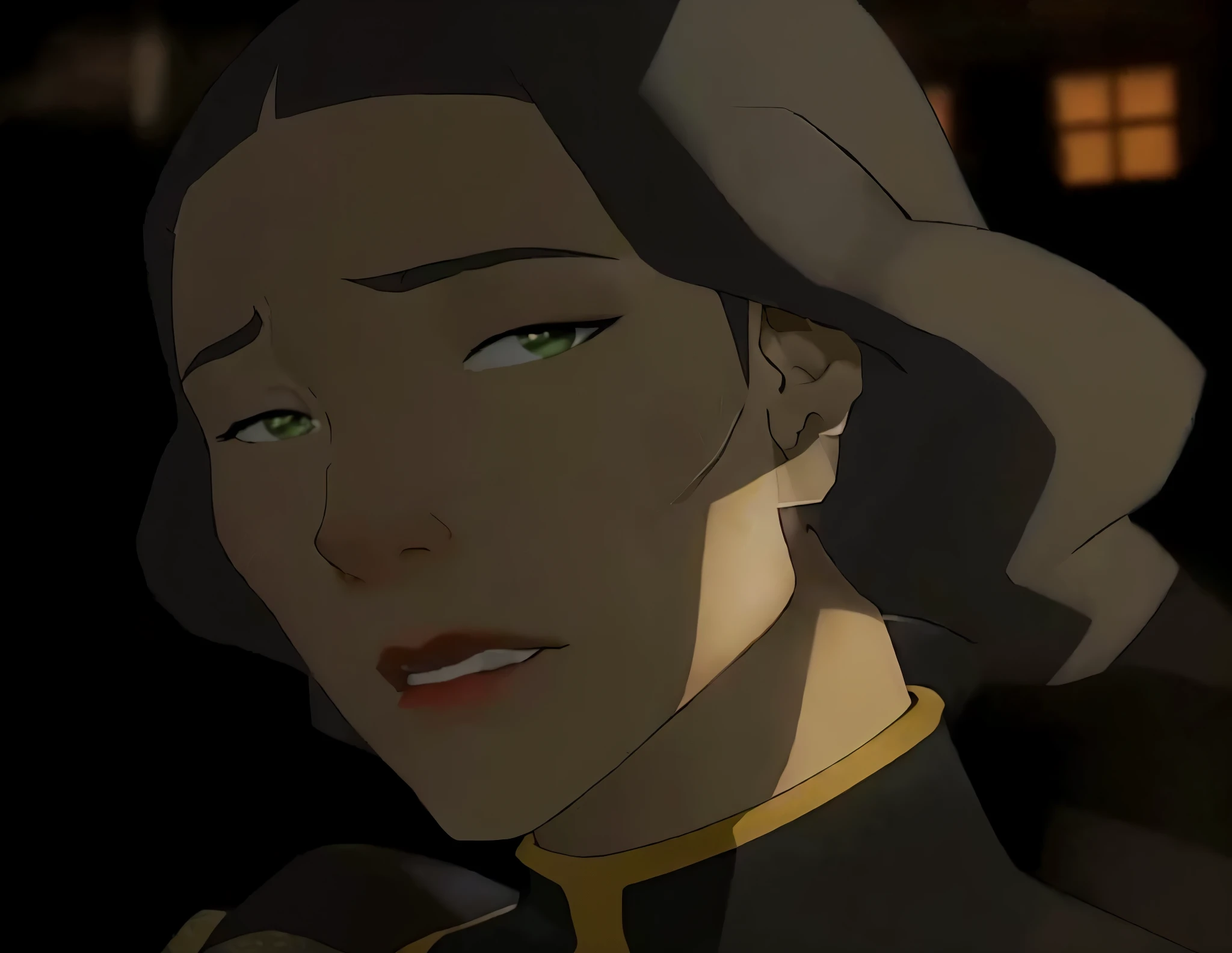 um close-up realista de uma personagem lin beifong, portrait of avatar korra, legend of korra, but a stern look at her, , legend of korra setting, Inspired by Yang J, a moogle in the legend of korra, korra from the legend of korra, she has a distant expression