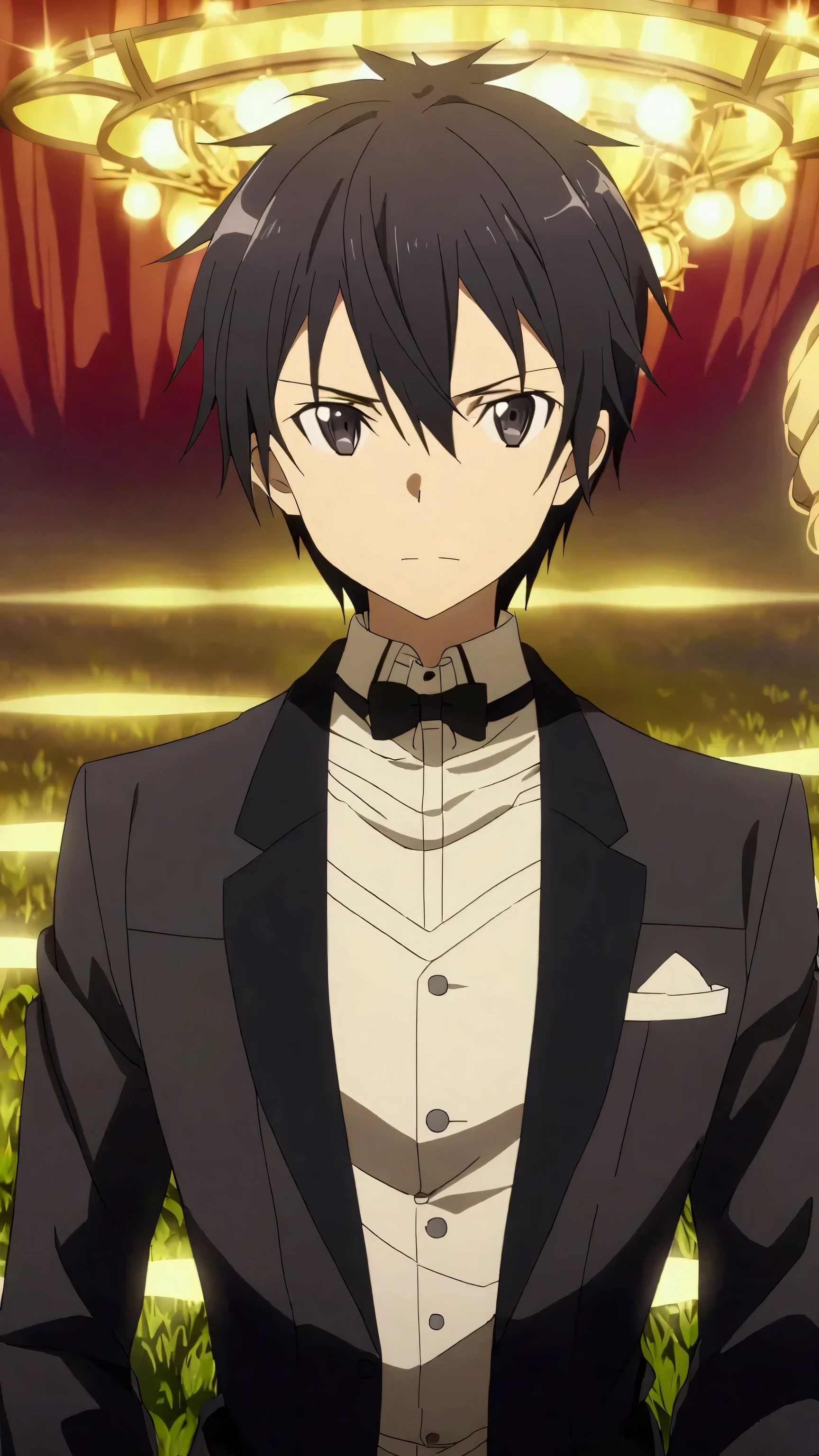  lounge Kirito sword ART online wearing an elegant black suit,  with a serious look focused on the camera , Closed mouth, upper body, field to the anime,  you find yourself in an elegant environment like a , with yellow lights coming from above 