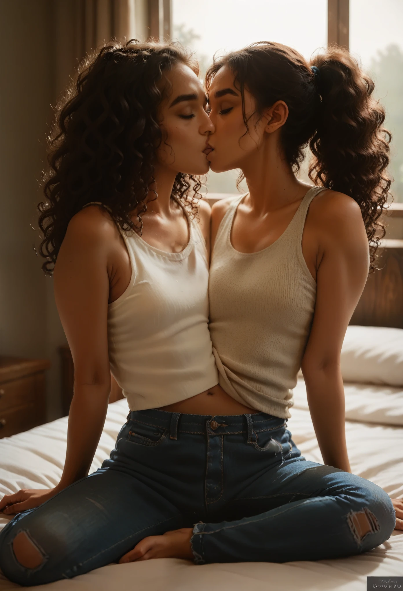 best resolution, conjoined girl, two torsos, kissing, ebony, indian, curly hair and ponytail, sweater and tanktop, denim jeans, sitting on bed.