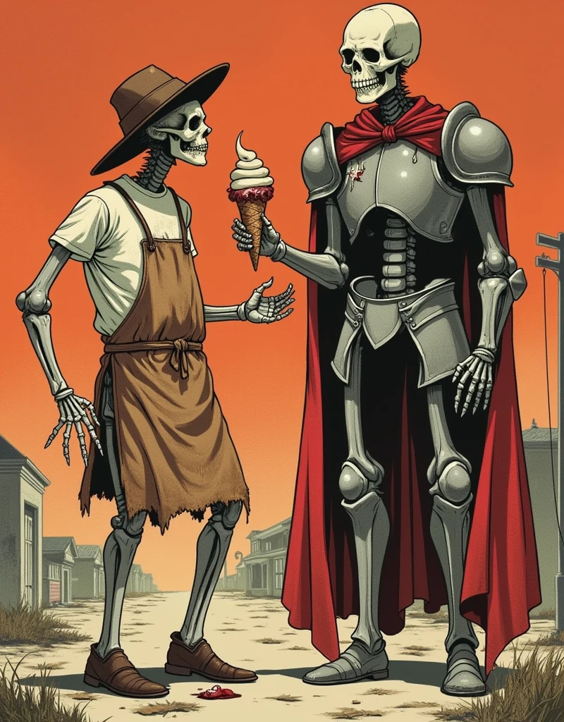 In a desolate setting of an abandoned ice cream shop, a sinister skeleton dressed as a 1940s vendor, wearing a dirty apron and a worn-out hat, offers a grotesque ice cream cone with a bloody eyeball on top. The color palette uses faded tones of red, beige, and black, creating an aged texture and purposeful grain. The drawing style is inspired by vintage horror comics, with thick lines and dramatic shading. In the background, a deserted street under a washed-out orange sky evokes a sense of abandonment and mystery. Beside the skeleton, a tall and imposing undead knight in a worn-out armor and a tattered red cape silently observes. The medieval setting contrasts with the ice cream shop, suggesting a surreal encounter between the past and the present. The texture of the armor and bones is detailed, with soft shading, while still keeping the style of old comic books. The image evokes both a sense of horror and epic fantasy.