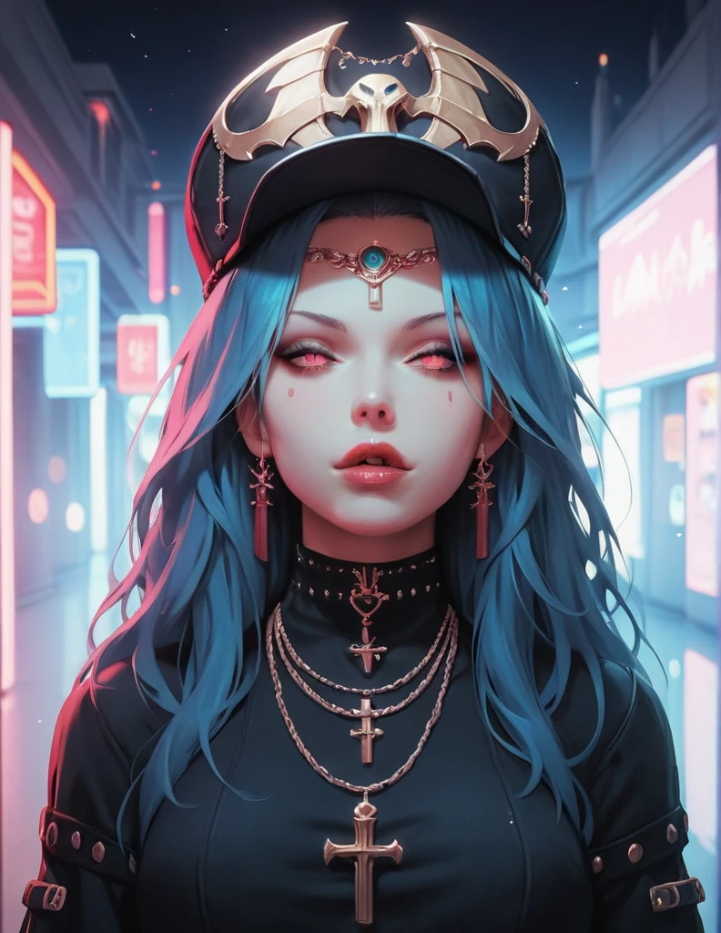 score_9. score_8_up, score_7_up, score_6_up, score_5_up, score_4_up, 1girl, blue hair, curvy, gothic, g0th1cPXL, glowing, neon, devil,((best quality)) , ((masterpiece)) , (detailed) , （anime key visual：1.2）, ground level shot of a Tough Egyptian， (Vigorous Girl:1.3) , wearing Invigorating Flat cap with tuber trimmings, Making funny face, Circlet, Necklace, pond and cityscape, deep focus, Cel shading, （intricate background split lighting：1.2）, Depth of field 270mm, behance, wallpaper, Concept artist，4K, 8k resolution