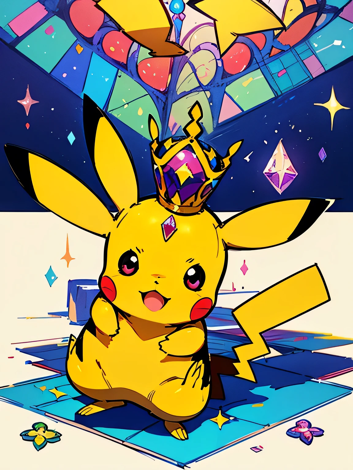 Alone,Magical Jewel Rainbow、((A cute Pikachu with a gorgeous giant jewel crown on his head))、 stained glass、Terastal:1.3、(manga style),(sketch),(illustration),