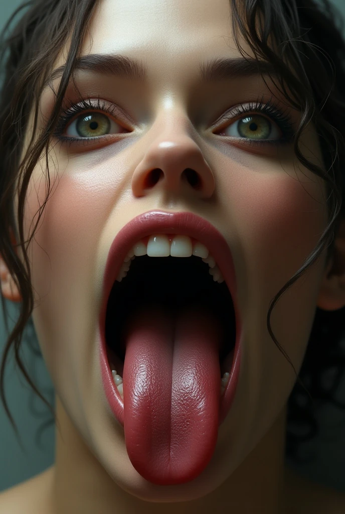 Emery Ratajkowski,Roll your eyes, Sticking out tongue, Long Tongue, Drooling, Ahegao, retina, Textured skin, Anatomically correct, Attention to detail, high quality, ((Dark Eyes,black eye)),Very beautiful face and eyes, Big eyes, 1 female、Actual skin type,I can see my pores,In front of the park forest,